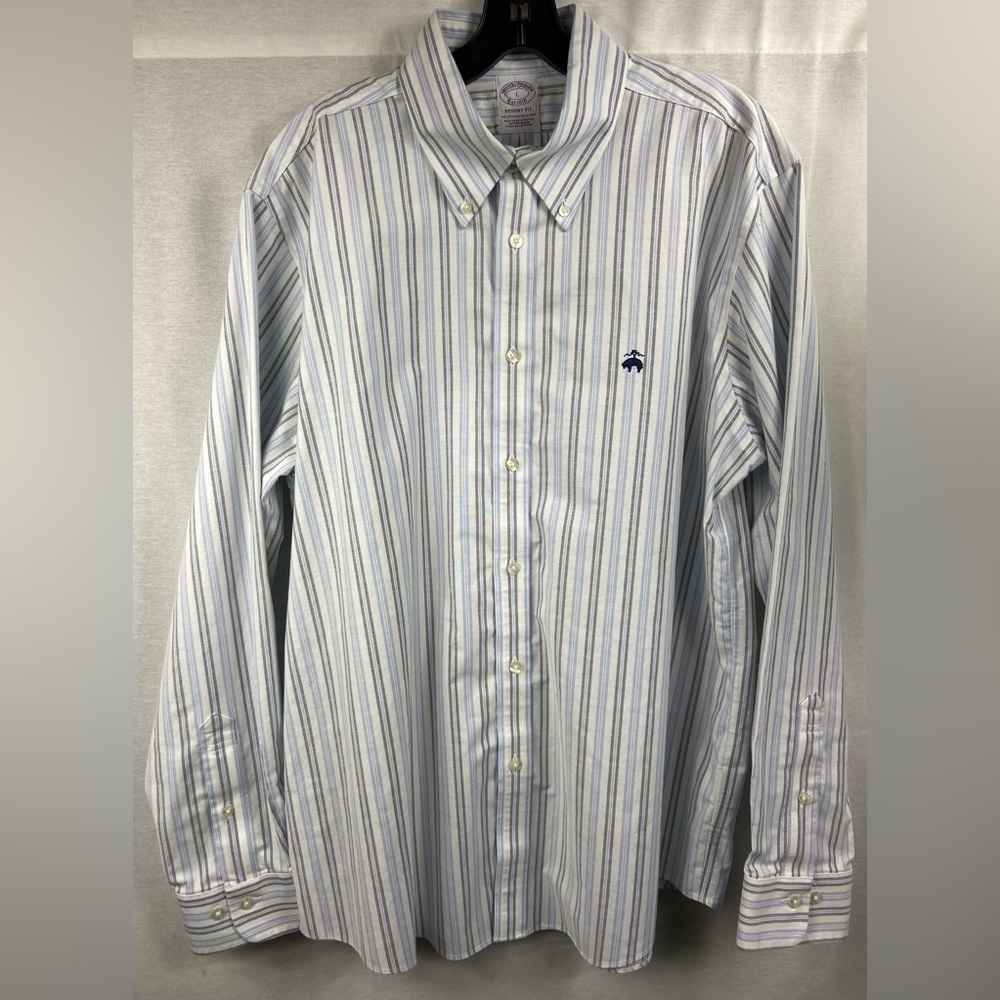 BROOKS BROTHERS Mens Blue White Striped Long Sleeve Button Down Dress Shirt